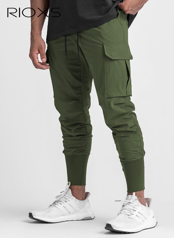 RIOXS Men's Green Jogger Pants, Mid-Rise Athletic Trousers with Drawstring Waist and Side Pockets, Tapered Cuff Workout Pants for Gym, Running and Streetwear​, Elastic Cuff Sweatpants, Urban Workout Pants, Young Men's Street Style Bottoms - Image 1